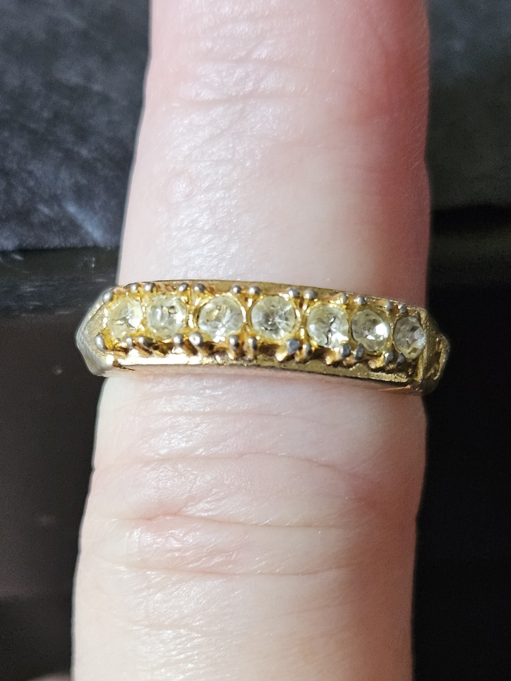 Vintage Gold Tone Ring with Clear Crystal Row - Women Jewelry. Adjustable Sizing